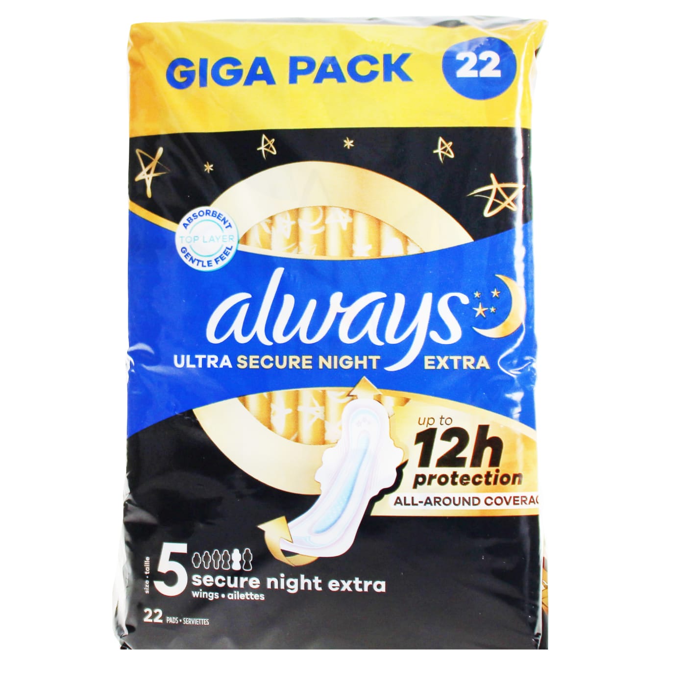 ALWAYS ULTRA SANITARY TOWELS SIZE 5 SECURE NIGHT EXTRA WINGS 22PC