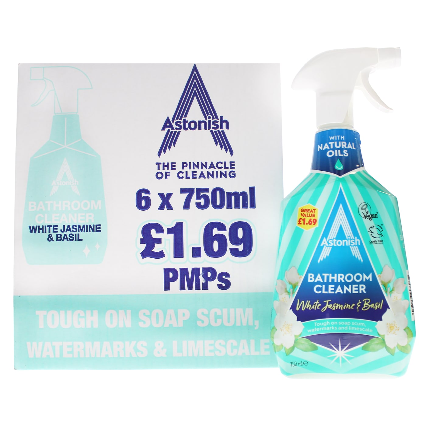 ASTONISH 6X CLEANER BATHROOM WHITE JASMINE & BASIL PMP £1.69 750ML