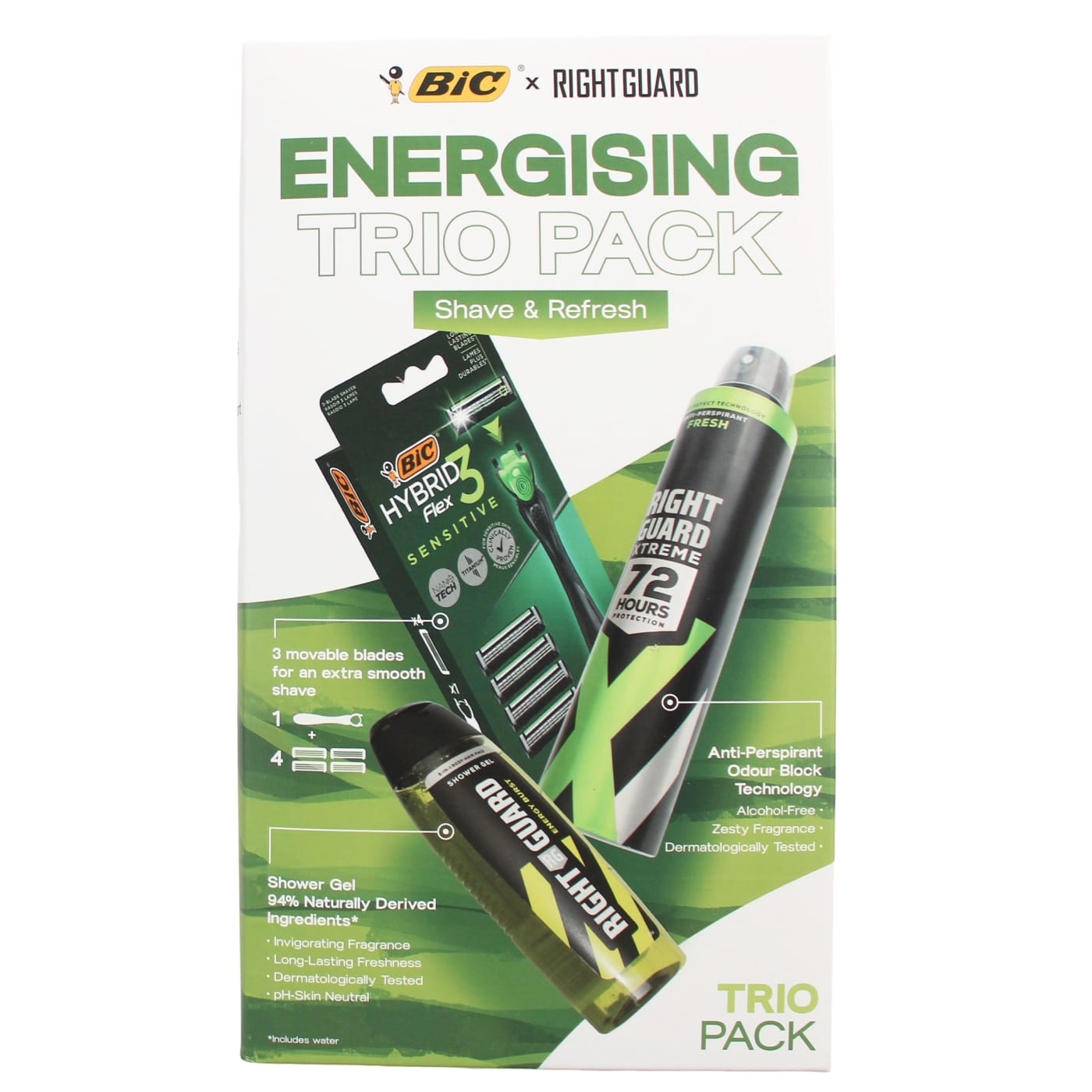 BIC & RIGHT GUARD SET ENERGISING 6PC ( ANTI PERSPIRANT SPRAY, 250ML SHOWER GEL & 4UP RAZOR) 250ML