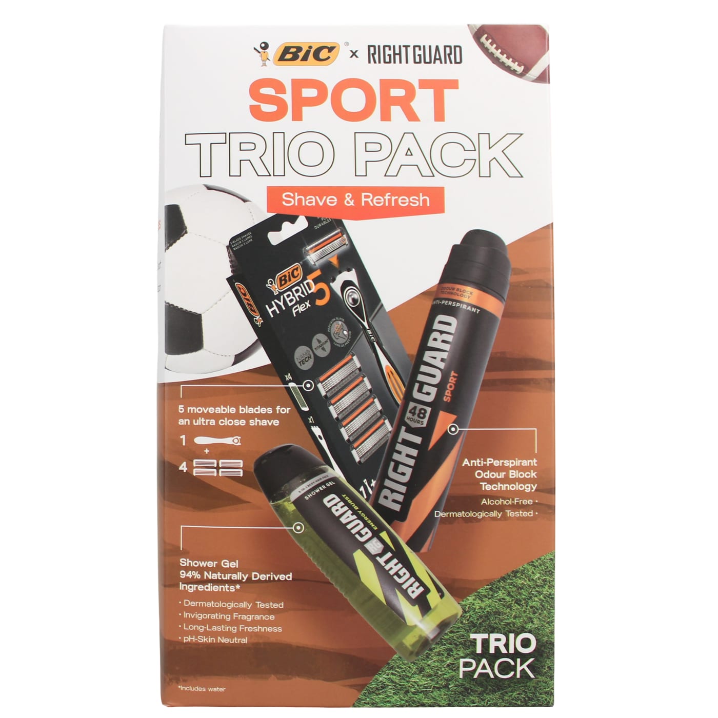 BIC & RIGHT GUARD SET SPORT 6PC ( ANTI PERSPIRANT SPRAY, 250ML SHOWER GEL & 4UP RAZOR) 250ML