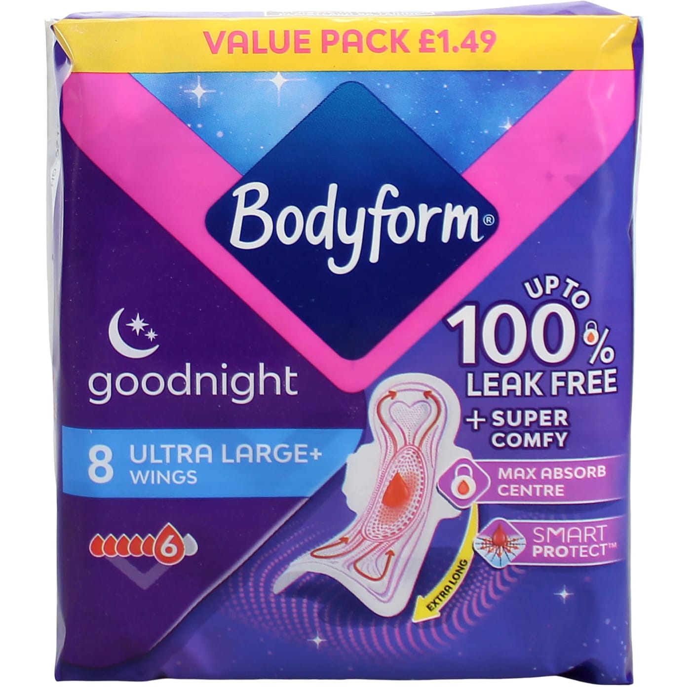 BODYFORM COUR-V ULTRA SANITARY TOWELS NIGHT PMP £1.49 8'S