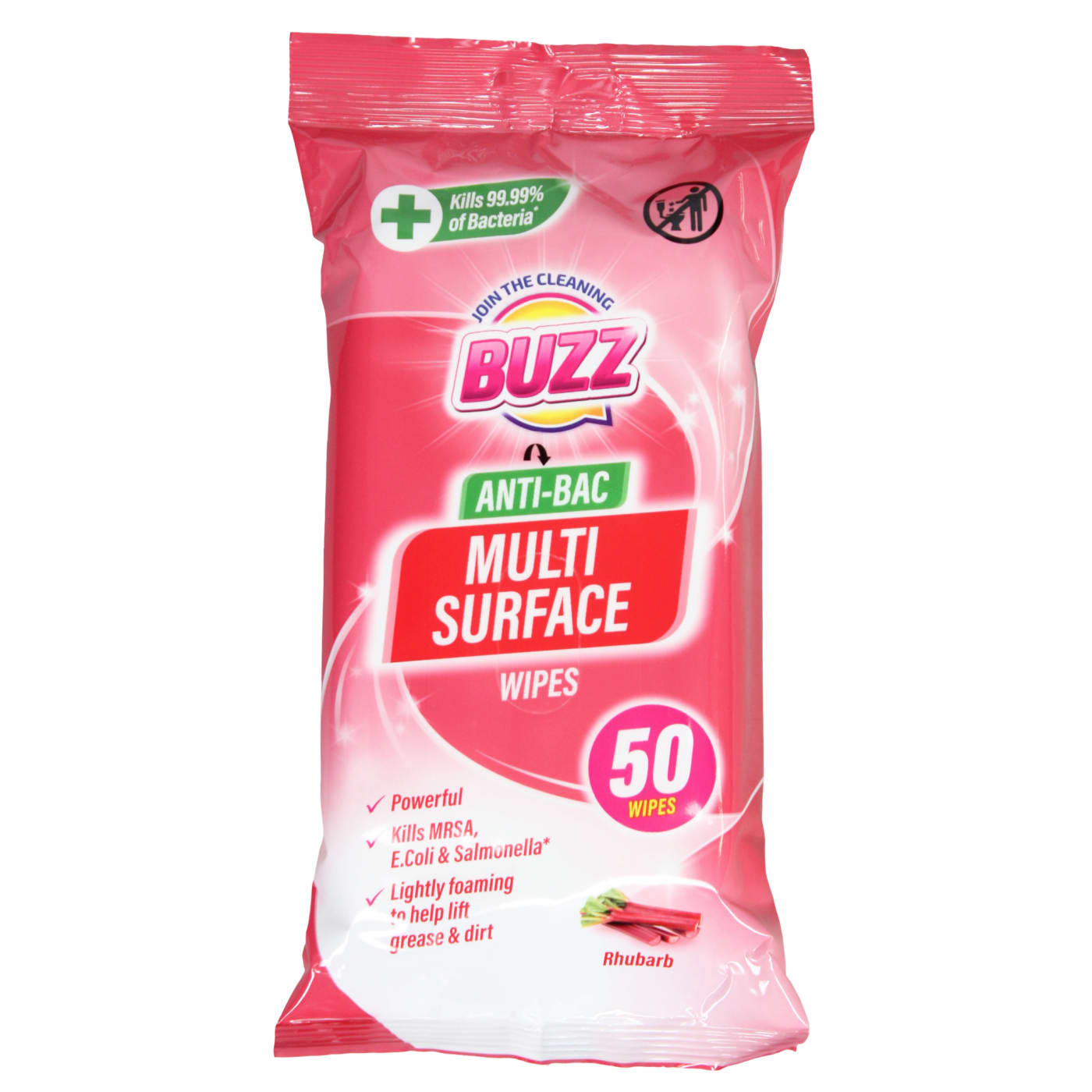 BUZZ MULTI SURFACE ANTIBACTERIAL WIPES RHUBARB 50 PACK