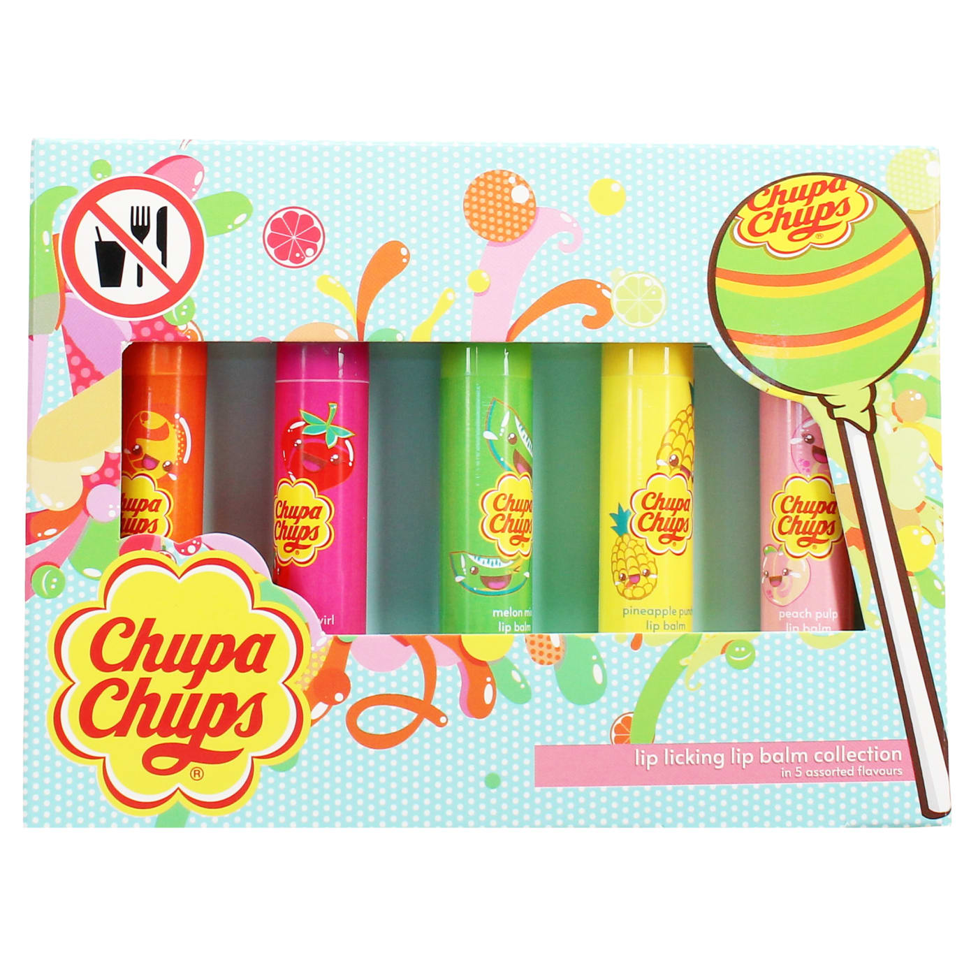 CHUPA CHUPS LIP LICKING LIP BALM COLLECTION 5PC (ORANGE, STRAWBERRY, MELON, PINEAPPLE & PEACH)