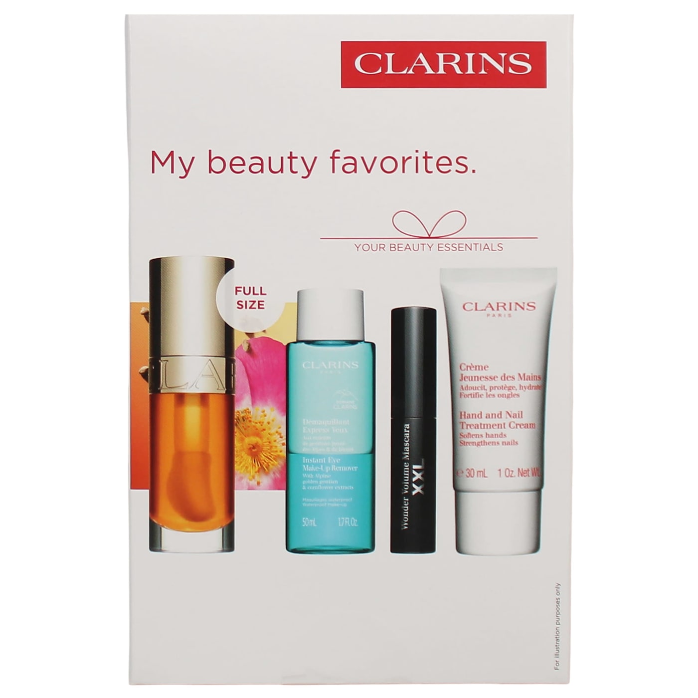 CLARINS HOSTESS GIFTSET 4PC LIP COMFORT OIL INTENSE 01, 30ML HAND & NAIL CREAM, 50ML EYE MAKE UP REMOVER & 3ML XXL WONDER VOLUME MASCARA) (12ML