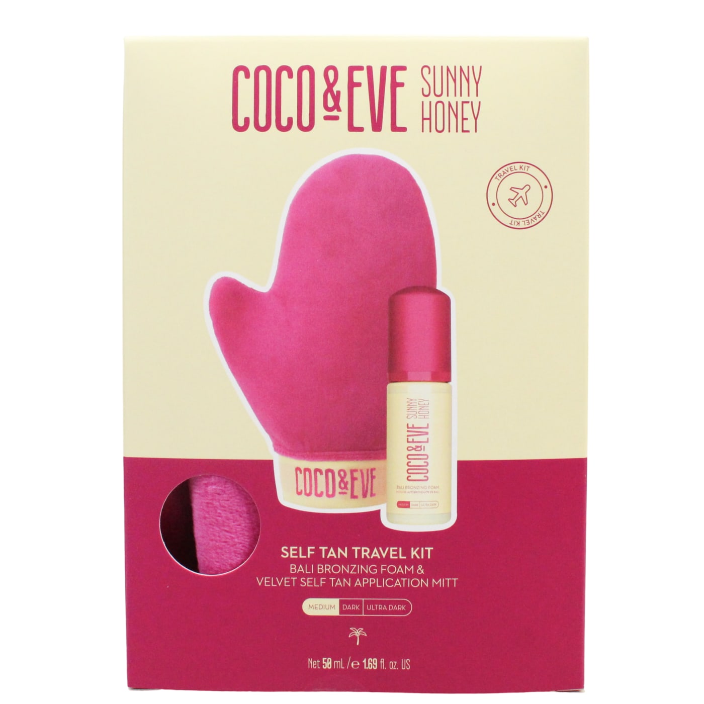 COCO & EVE SUNNY HUNNY SELF TAN TRAVEL KIT MEDIUM 2PC BALI BRONZING FOAM SELF TAN MEDIUM & VELVET TANNING MIT) (50ML