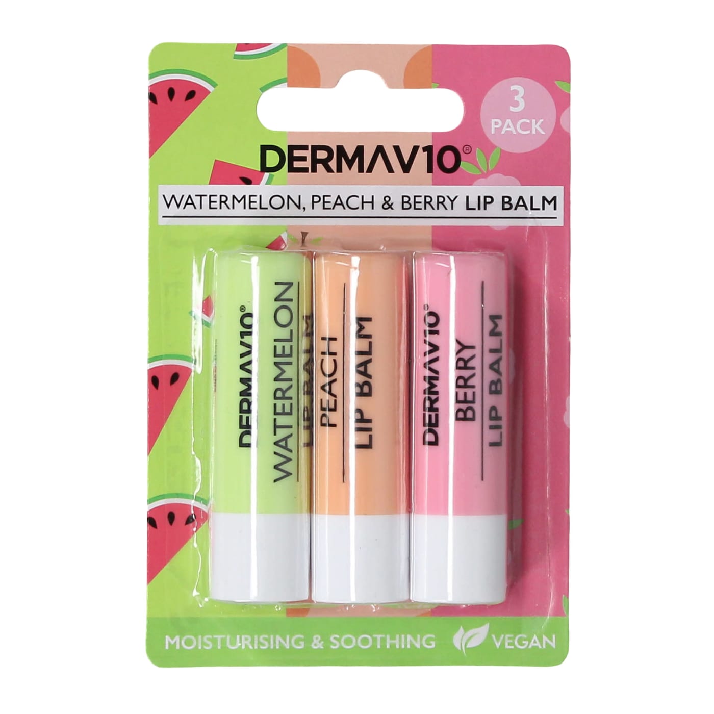 DERMA V10 LIP BALM SUMMER FLAVOURS 3 PACK (WATERMELON, PEACH, BERRY)