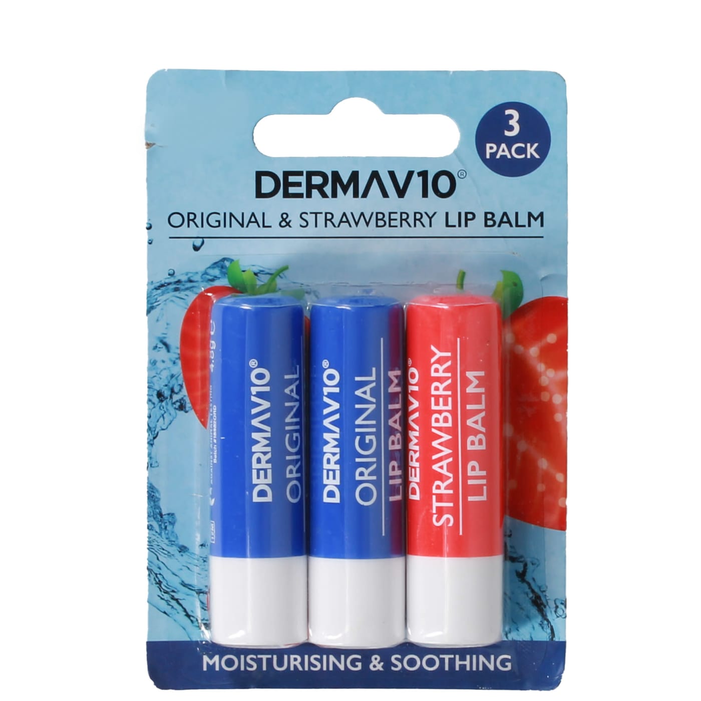 DERMA V10 LIP BALM ORIGINAL & STRAWBERRY 3 PACK