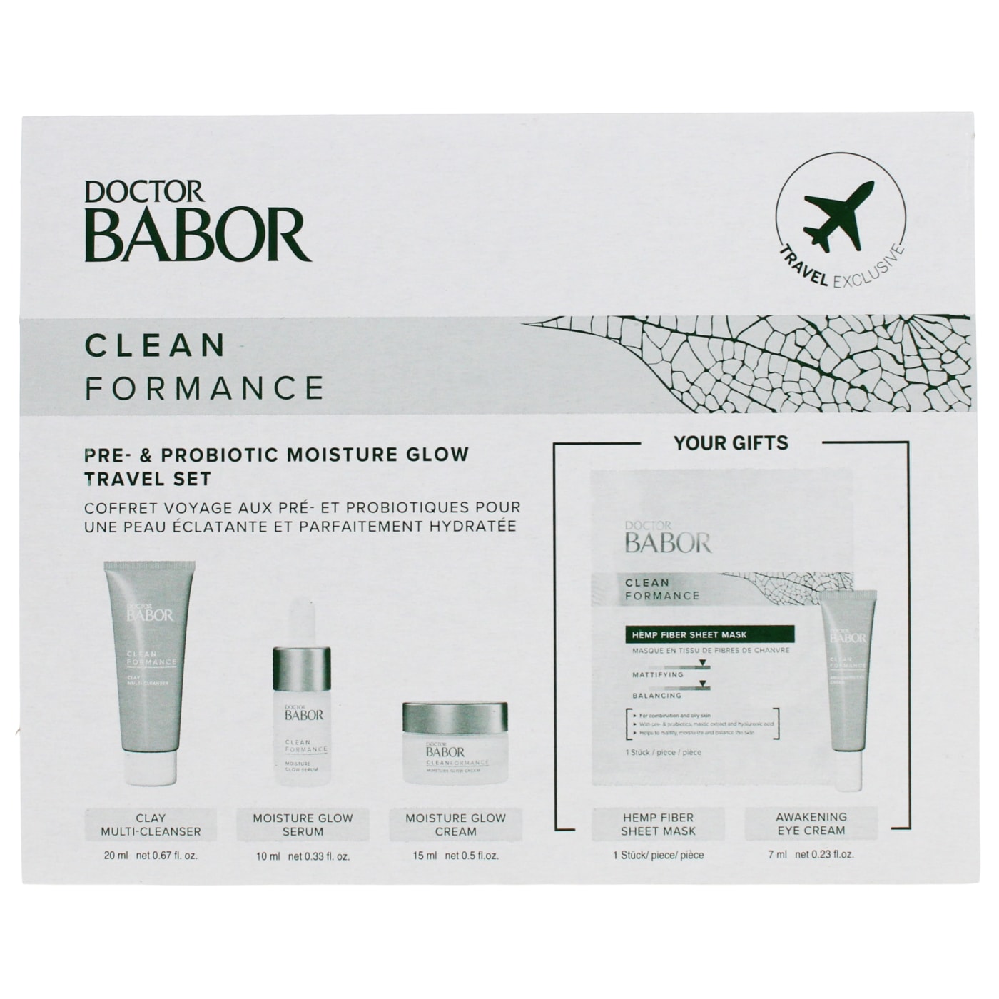 DOCTOR BARBOR 5PC SET MOISTURE GLOW CREAM, 10ML MOISTURE GLOW SERUM, 7ML AWAKENING EYE CREAM, 20ML CLAY MULTI-CLEANSER & HEMP FIBER SHEET MASK) (15ML