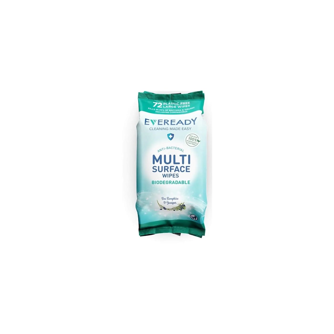 EVEREADY ANTI BACTERIAL BIODEGRADABLE MULTI SURFACE WIPES SEA SAMPHIRE & JUNIPER 72'S