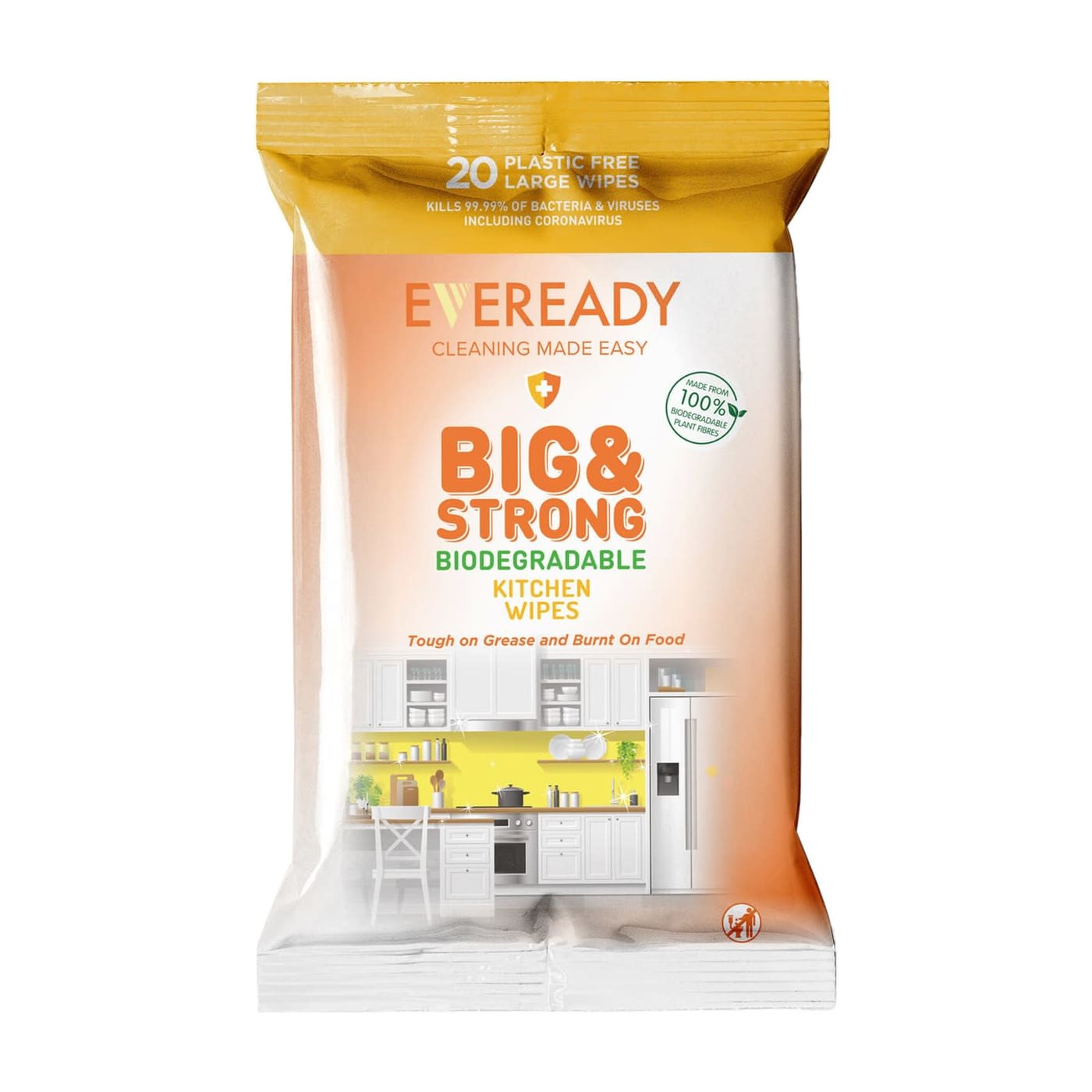 EVEREADY ANTI-BACTERIAL BIODEGRADABLE BIG & STRONG WIPES KITCHEN 20'S