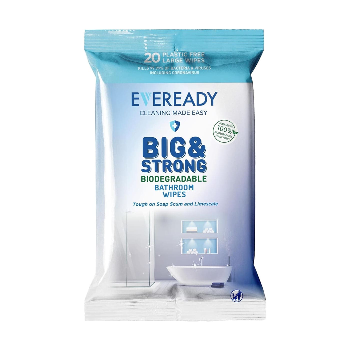 EVEREADY ANTI-BACTERIAL BIODEGRADABLE BIG & STRONG WIPES BATHROOM 20'S