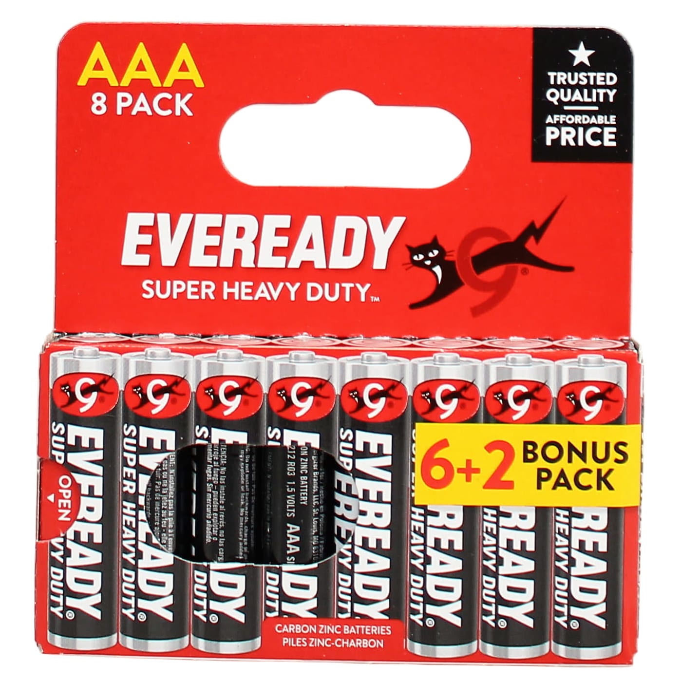 EVEREADY ZINC AAA BATTERIES SUPER HEAVY DUTY 8 PACK (6+2)