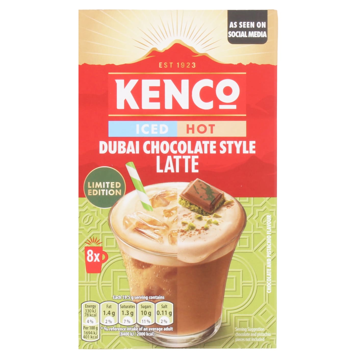 KENCO 8X19.5G ICED/HOT COFFEE SACHETS DUBAI CHOCOLATE LATTE