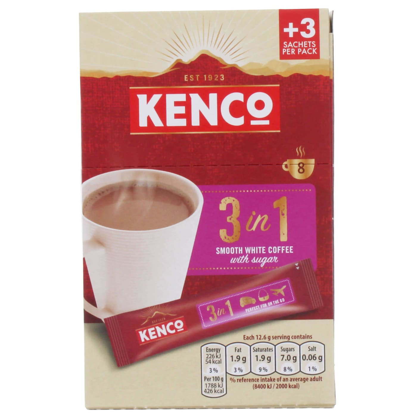 KENCO 8X12.6G 3 IN 1 SACHETS SMOOTH WHITE WITH SUGARS
