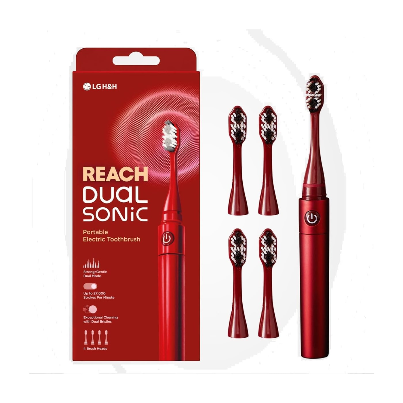 LG REACH DUAL SONIC ELECTRIC TOOTHBRUSH RED (BATTERY) (1 HANDLE, 4 TOOTHBRUSH HEADS)