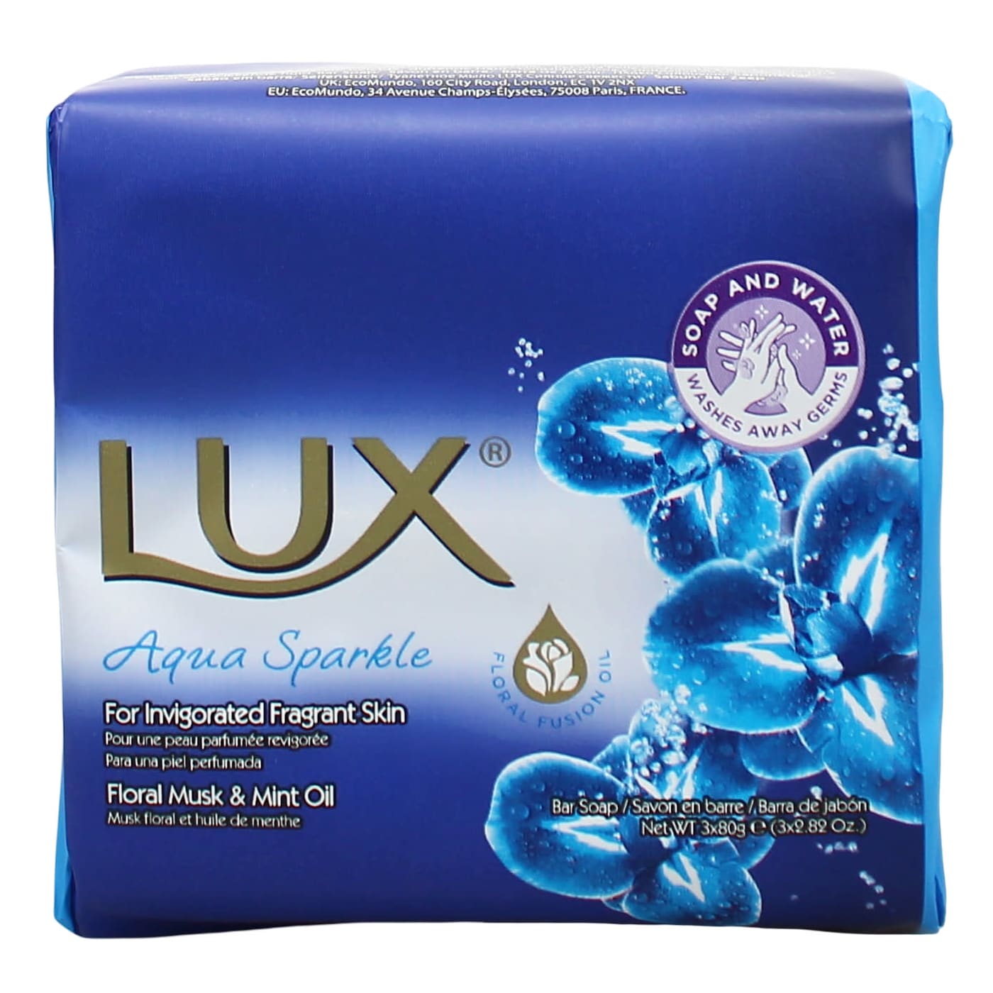 LUX 3X80G SOAP BAR AQUA SPARKLE FLORAL MUSK AND MINT OIL