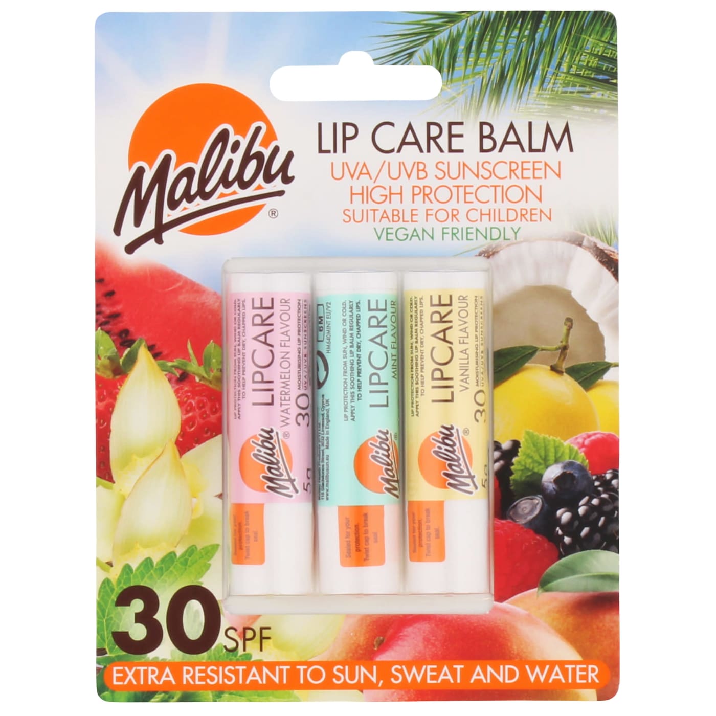 MALIBU SPF 30 LIP BALM ASSORTED FLAVOURS 3 PACK (WATERMELON/MINT/VANILLA) (NEW LOOK CP)