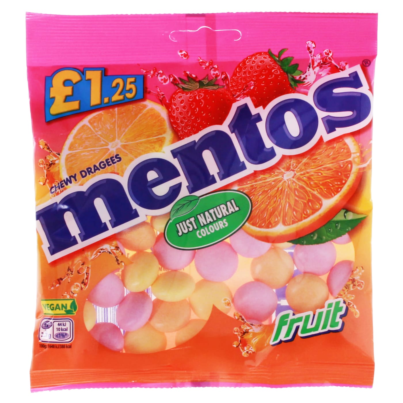 MENTOS 135G CHEWY DRAGEES FRUIT PMP £1.25