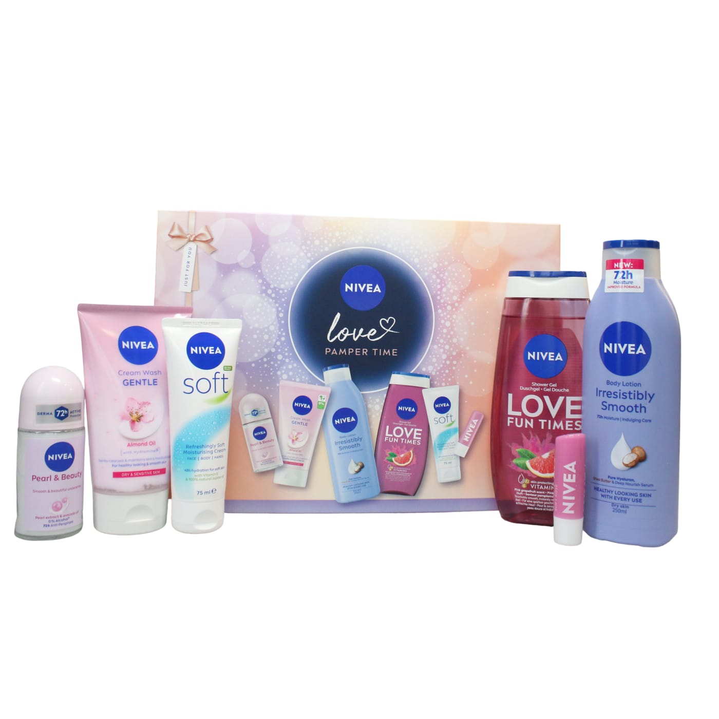 NIVEA LOVE PAMPER TIME GIFT SET 6PC (LIP BALM, CREAM, 250ML SHOWER GEL, 250ML BODY LOTION, 150ML CREAM WASH, 50ML ROLL ON) 75ML