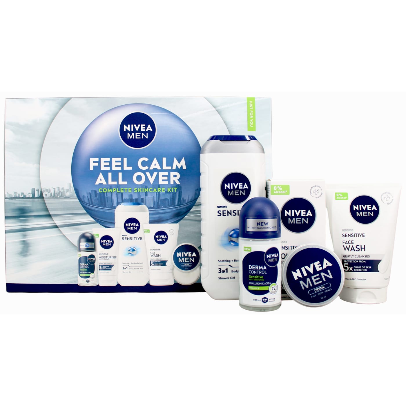 NIVEA MEN FEEL CALM ALL OVER GIFT SET 5PC ( SHOWER GEL, 50ML ROLL ON, 75ML MOISTURISER, 100ML FACE WASH, 30ML CR?ME) 250ML