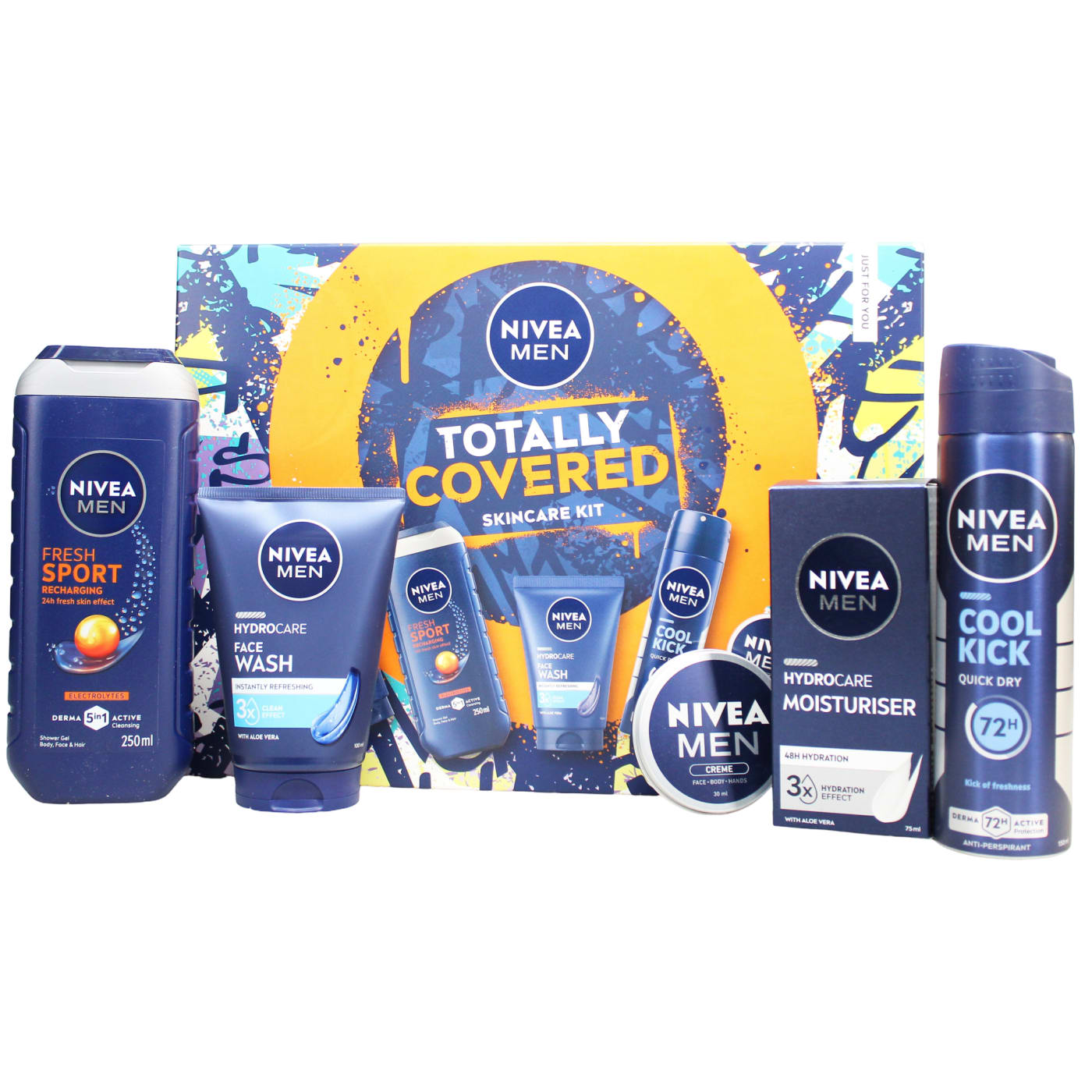 NIVEA MEN TOTALLY COVERED GIFT SET 5PC ( SHOWER GEL SPORT, 150ML ANTI-PERSPIRANT DEODORANT SPRAY COOL KICK, 100ML HYDRO CARE FACE WASH, 75ML HYDRO CARE MOISTURISER, 30ML CRÈME) 250ML
