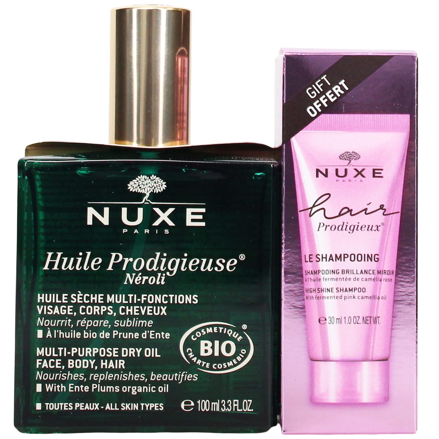 NUXE HUILE PRODIGIEUSE NEROLI MULTI-PURPOSE DRY OIL & NUXE HAIR PRODIGIEUX 30ML SHAMPOO HIGH SHINE GIFT 100ML