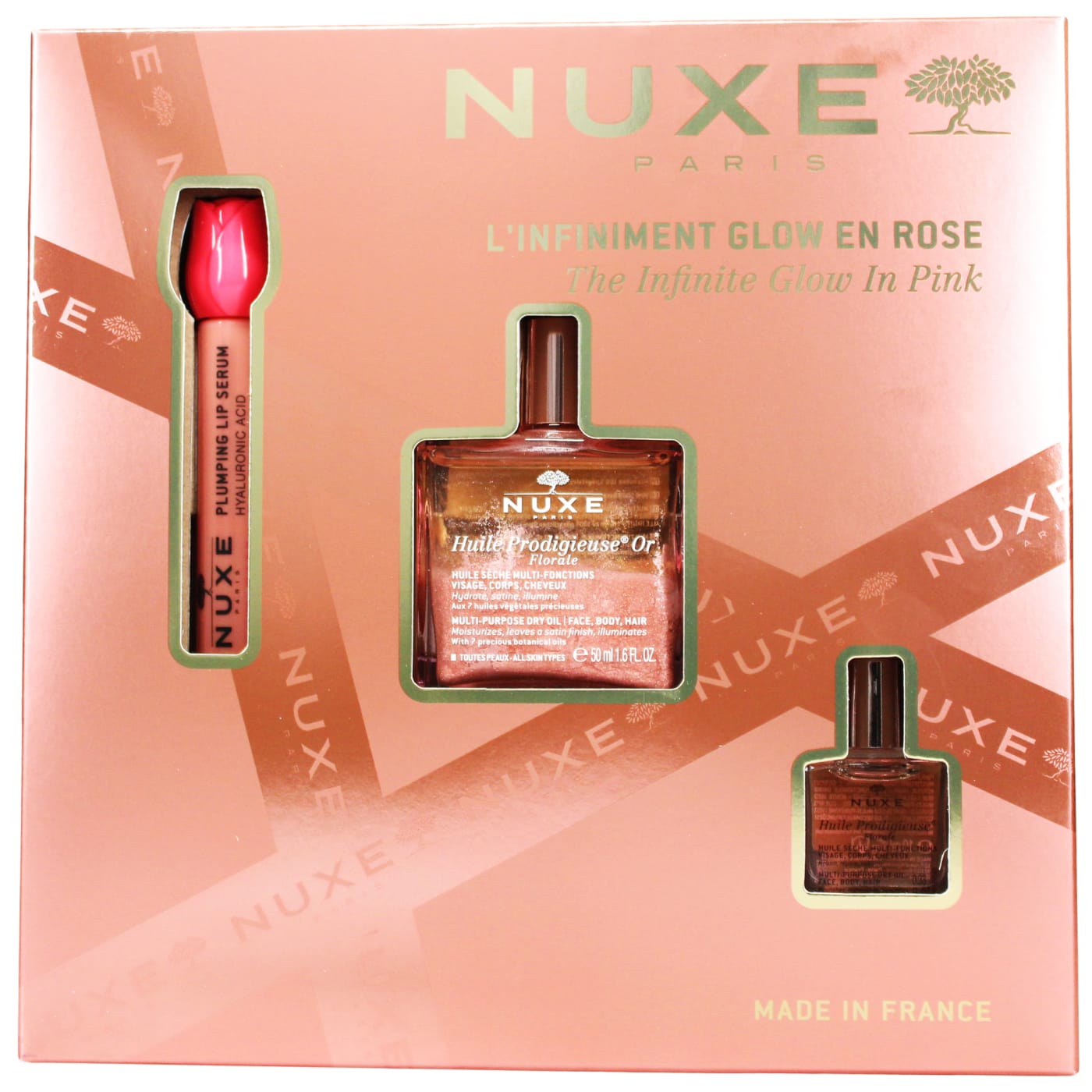 NUXE THE INFINITE GLOW IN PINK GIFT SET 3PC HUILE PRODIGIEUSE FLORALE DRY OIL, 10ML HUILE PRODIGIEUSE FLORALE DRY OIL & 10ML VERY ROSE PLUMPING LIP SERUM) (50ML
