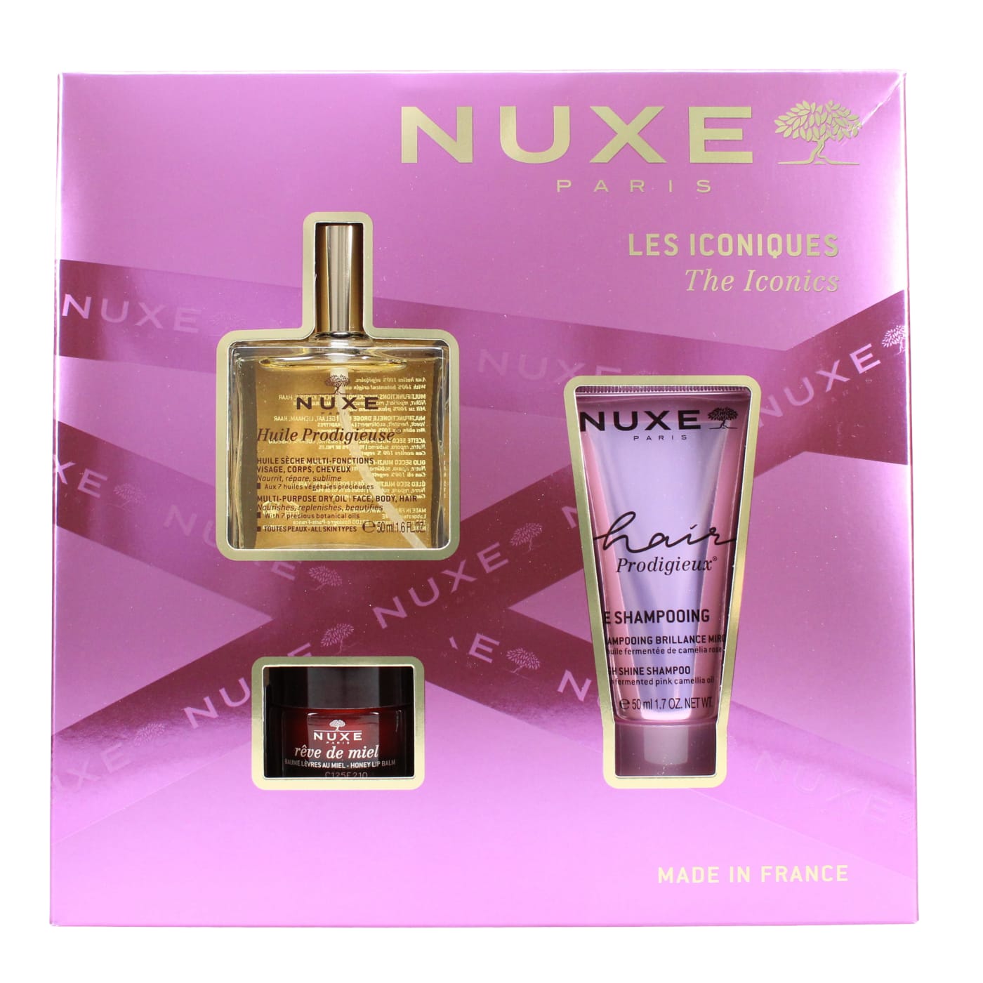 NUXE THE ICONICS GIFT SET 3PC HUILE PRODIGIEUSE DRY OIL, 50ML SHAMPOO & 15G LIP BALM) (50ML