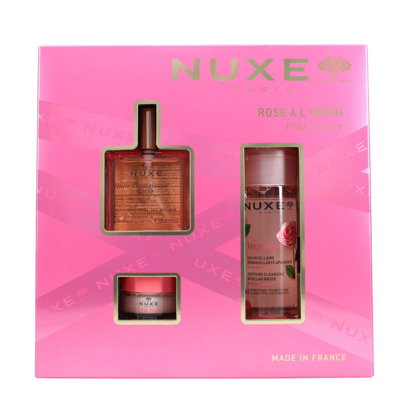 NUXE PINK FEVER SET 3PC HUILE PRODIGIEUSE FLORAL DRY OIL, 100ML MICELLAR WATER & 15G LIP BALM) (50ML