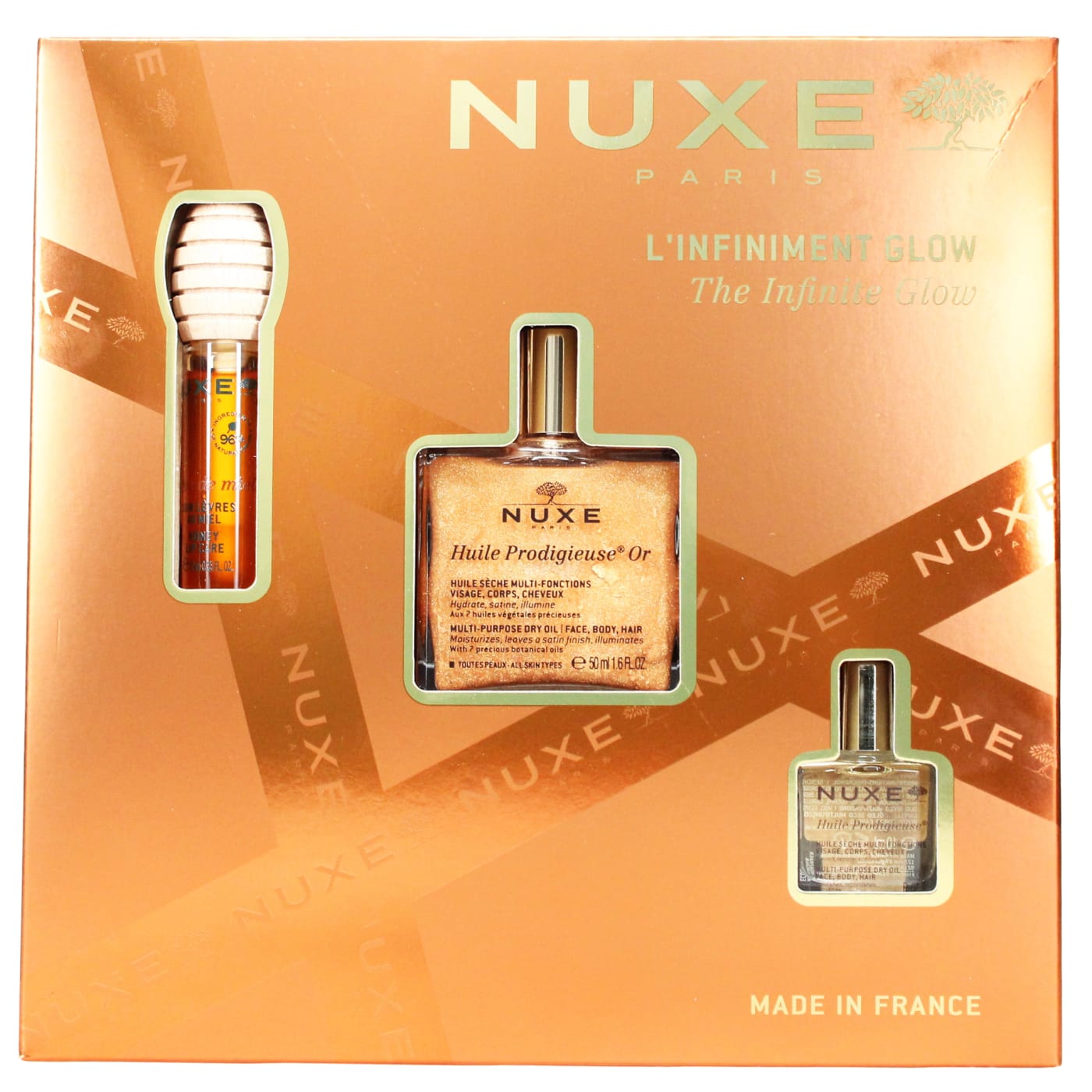 NUXE THE INFINITE GLOW GIFT SET 3PC HUILE PRODIGIEUSE DRY OIL, 10ML HUILE PRODIGIEUSE DRY OIL & 10ML REVE DE MIEL HONEY LIP BALM) (50ML