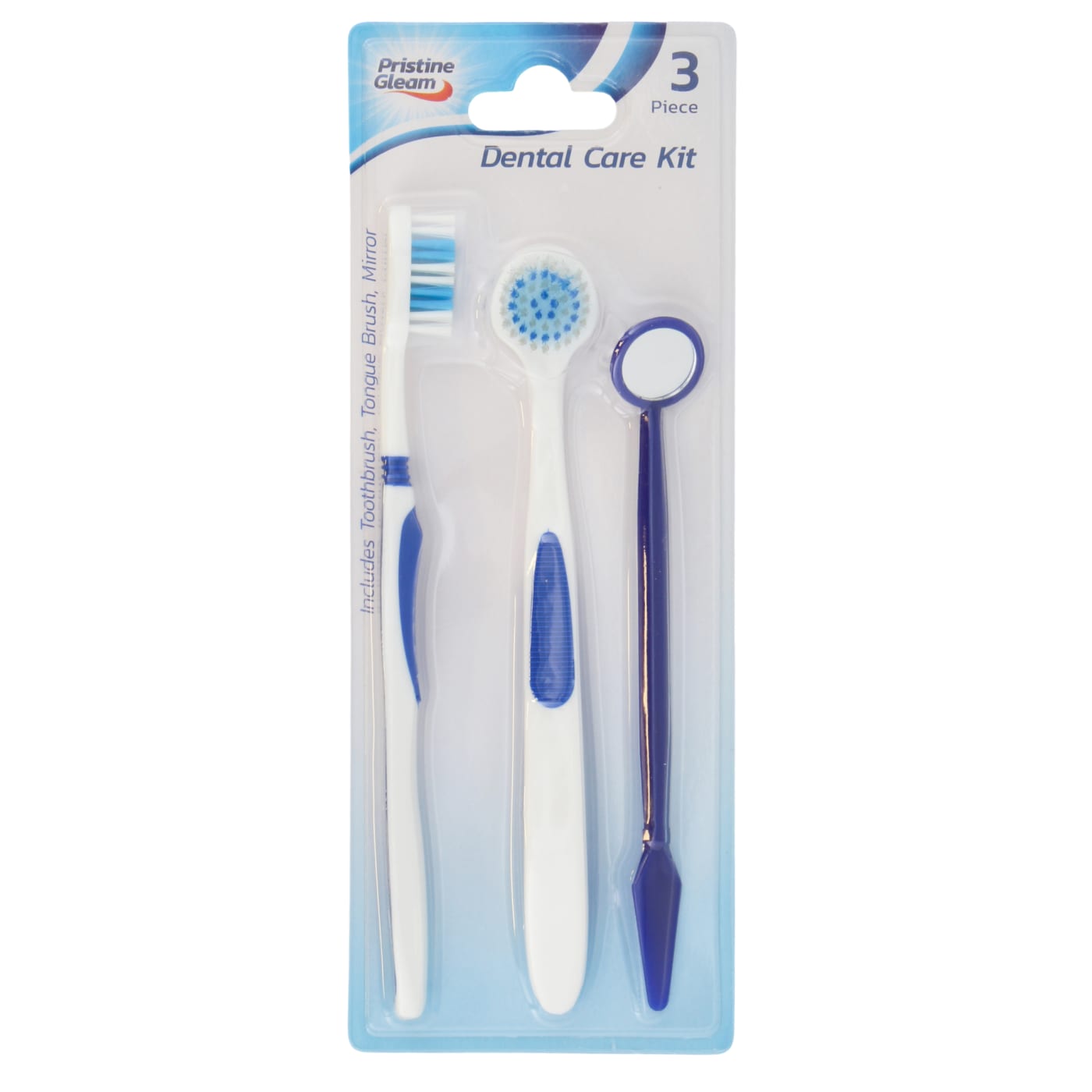 PRISTINE GLEAM DENTAL CARE KIT 3 PACK (INCLUDES: TOOTHBRUSH, TONGUE BRUSH & MIRROR)