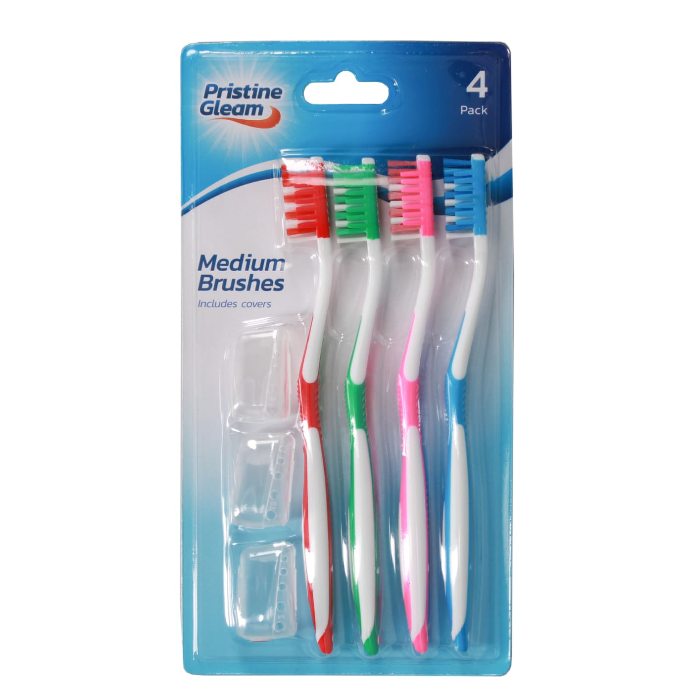PRISTINE GLEAM TOOTHBRUSHES MEDIUM WITH 3 COVERS 4 PACK
