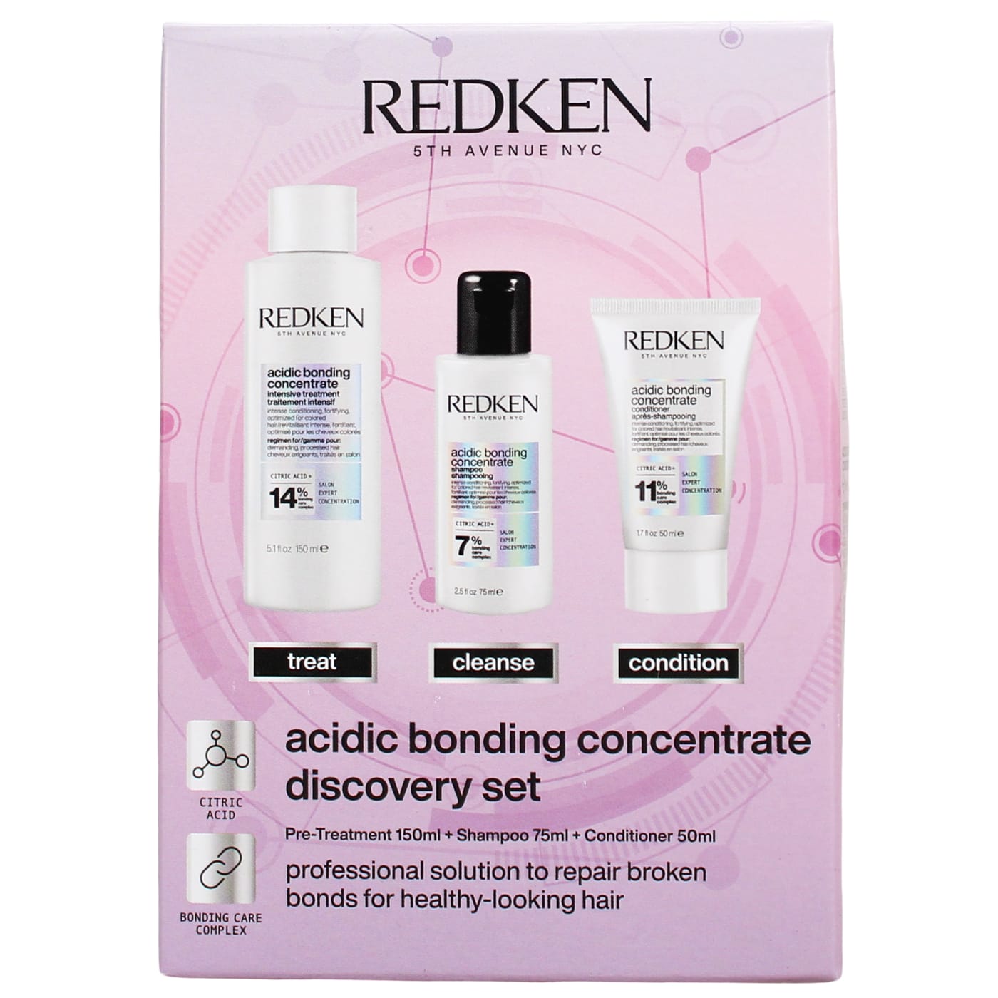 REDKEN 3PC SET ACIDIC BONDING CONCENTRATE DISCOVERY SHAMPOO, 50ML CONDITIONER, 150ML HAIR TREATMENT) (75ML