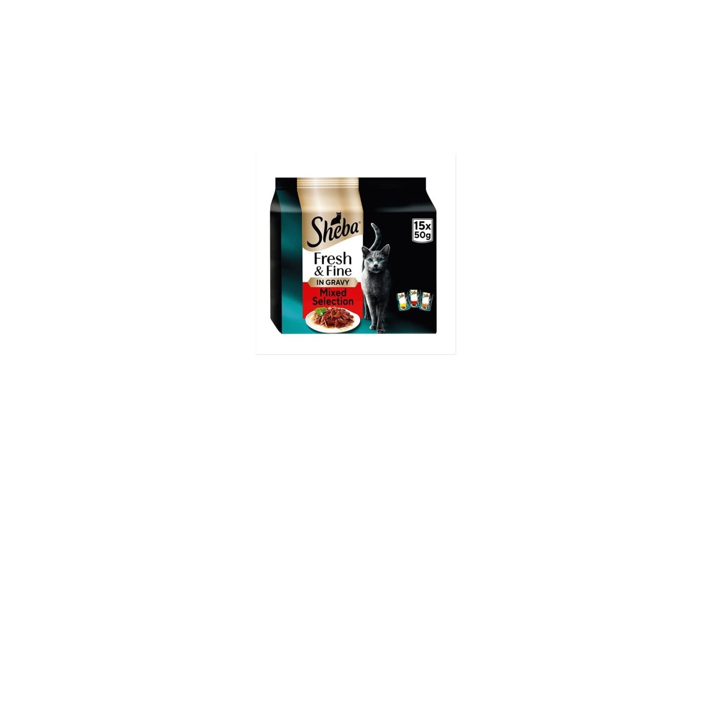SHEBA 15X50G FRESH & FINE CAT POUCHES MEATY PIECES IN GRAVY