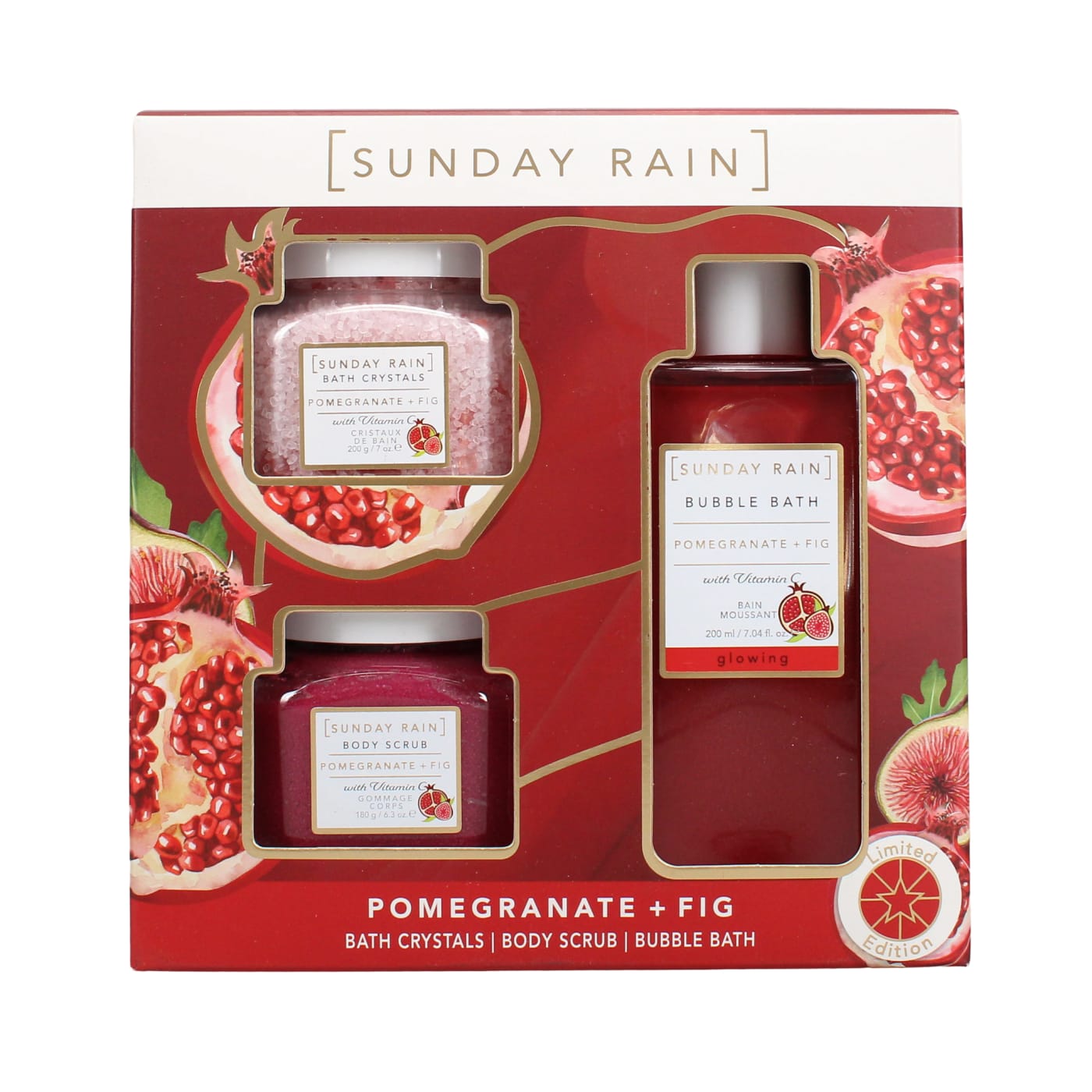 SUNDAY RAIN POMEGRANATE & FIG TRIO ( BUBBLE BATH, 200G BATH CRYSTALS & 180G BODY SCRUB) 200ML