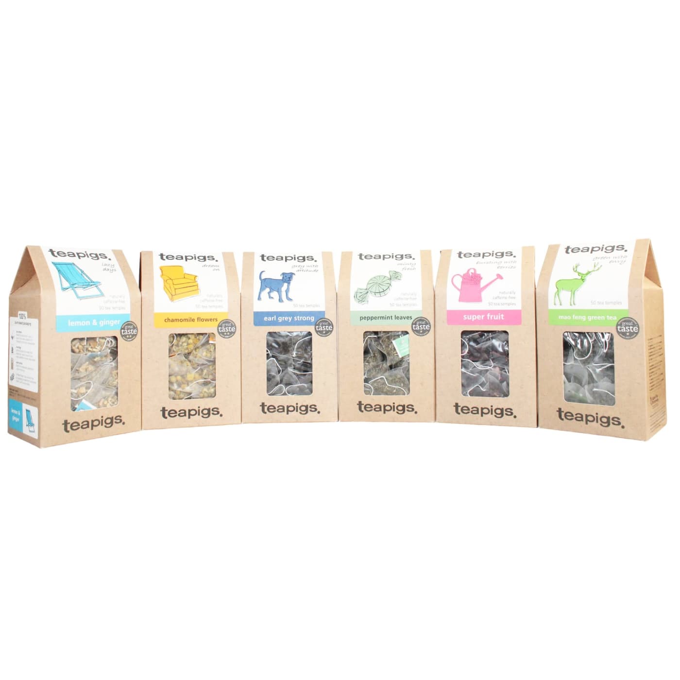 TEAPIGS TEA BAGS 6X50 VARIETY PACK EARLY GREY STRONG, PEPPERMINT LEAVES, MAO FENG GREEN TEA, LEMON & GINGER, SUPER FRUIT & CHAMOMILE FLOWERS (MIXED CASE)