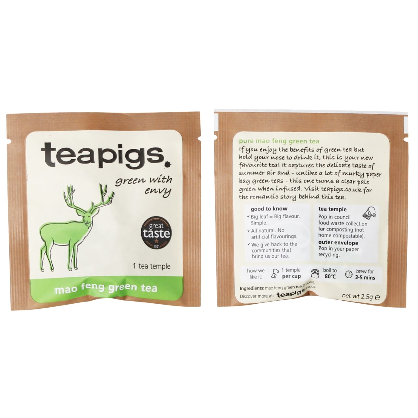 TEAPIGS TEA BAGS MAO FENG GREEN ENVELOPE 50'S