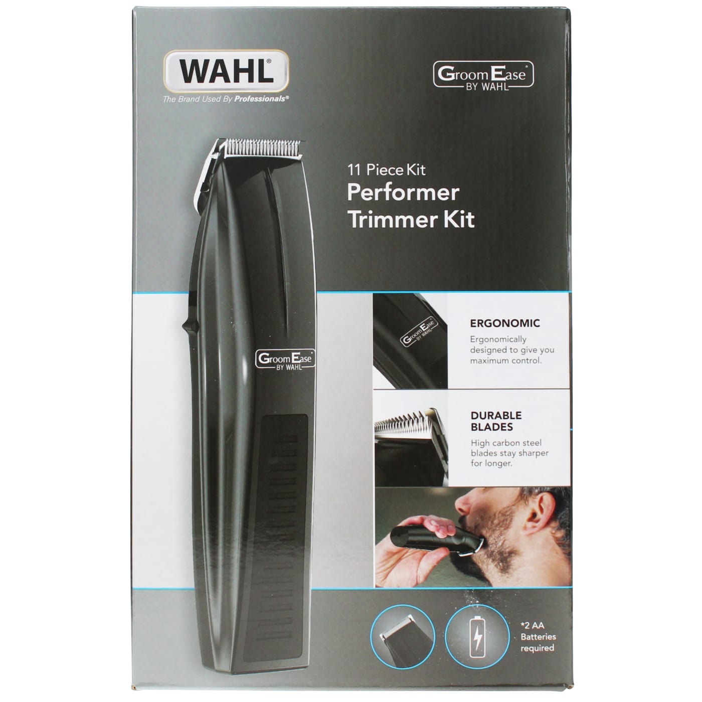 WAHL GROOMEASE TRIMMER KIT 11PC (1X BATTERY TRIMMER & 1X BLADE GUARD, 3X CLOSE TRIM ATTACHMENT COMBS, 2X GUIDE COMBS, 1X MOUSTACHE COMB, 1X STAND, 1X OIL & 1X BRUSH)
