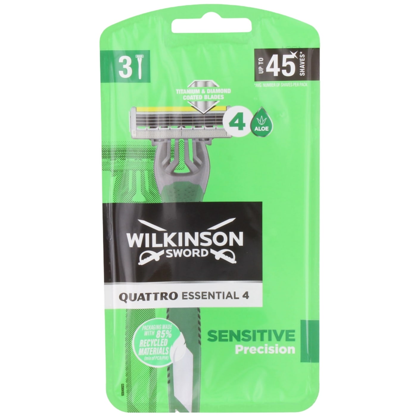 WILKINSON SWORD QUATTRO ESSENTIAL SENSITIVE DISPOSABLE RAZORS 3'S (CLIPSTRIP 6??)
