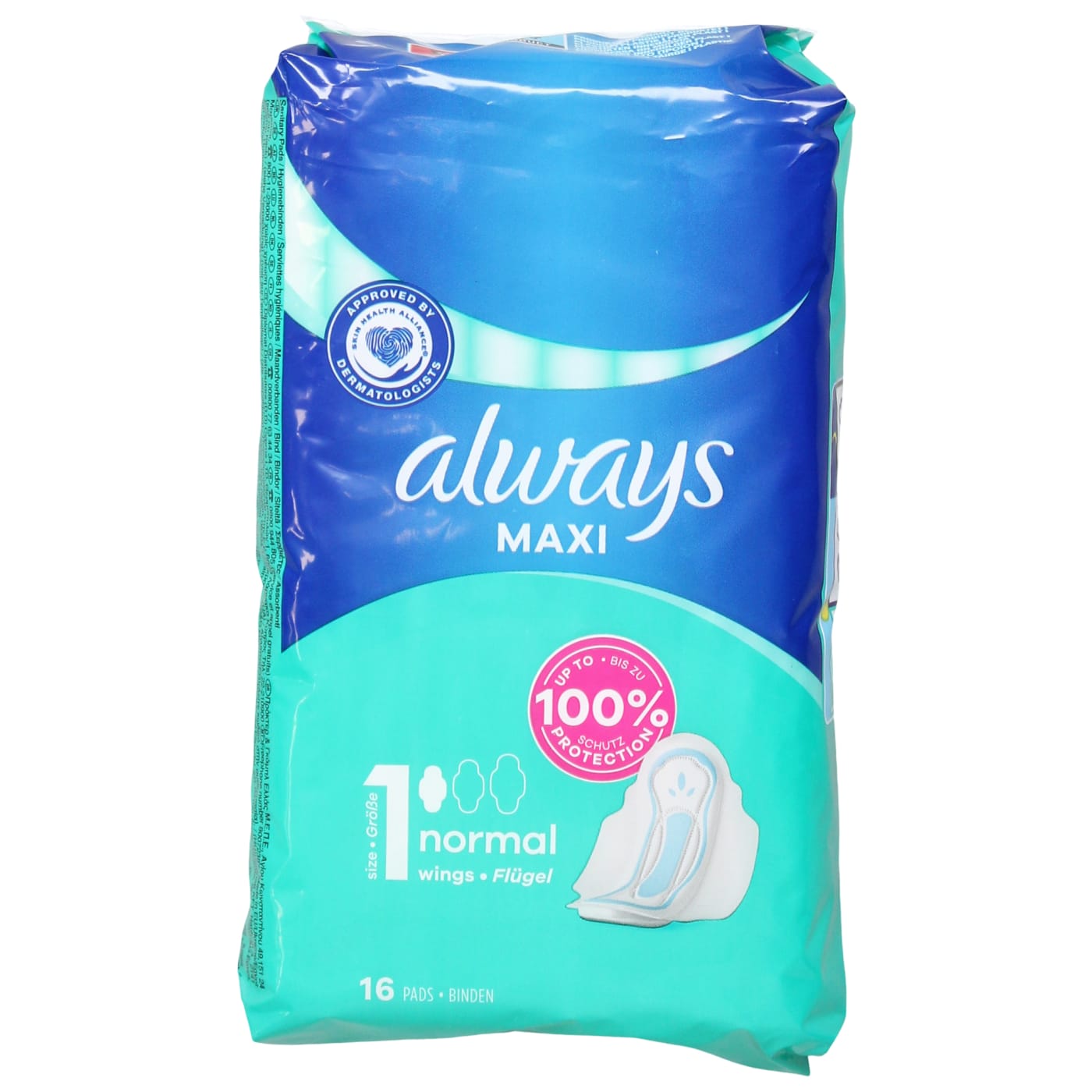 ALWAYS MAXI PADS NORMAL WITH WINGS 16'S