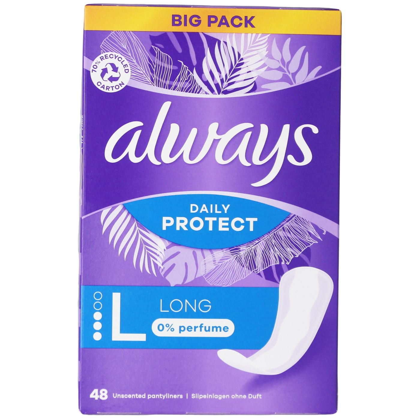 ALWAYS DAILIES PROTECT LINERS LONG 0% PERFUME 48'S