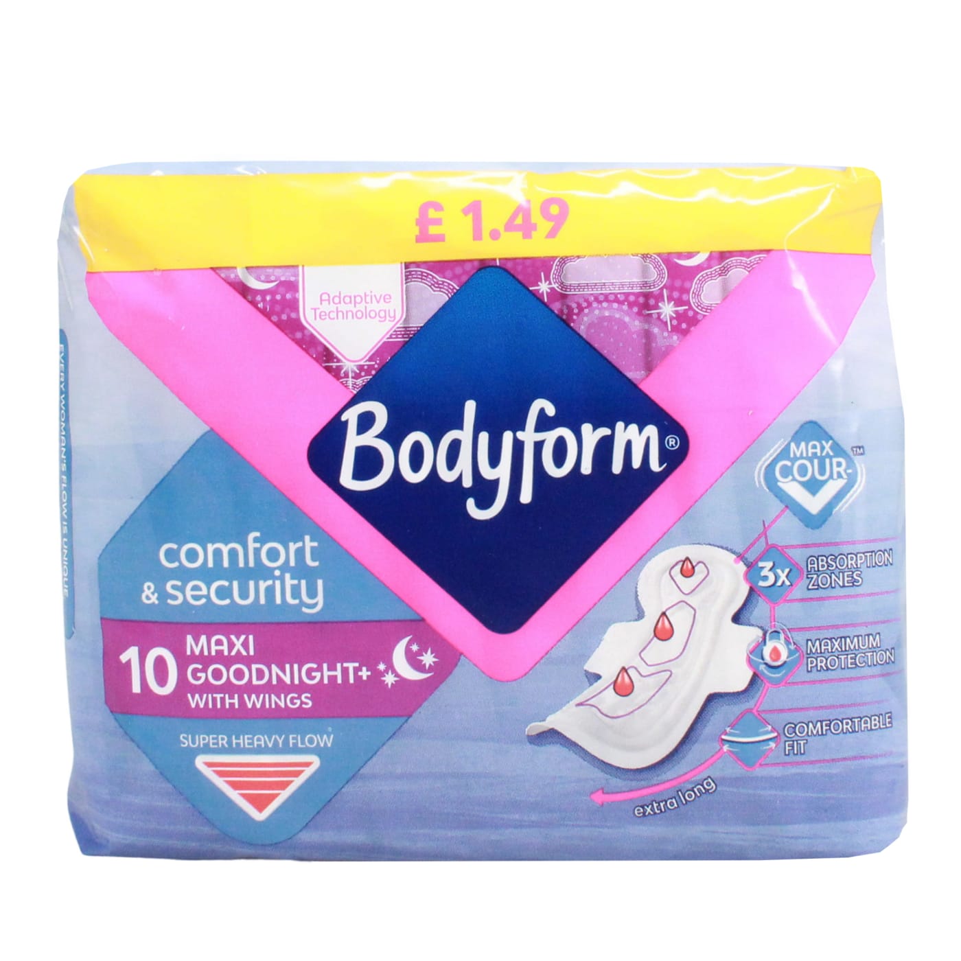 BODYFORM MAXI SANITARY TOWELS NIGHT WITH WINGS 10'S PMP 1.49 (0% VAT)