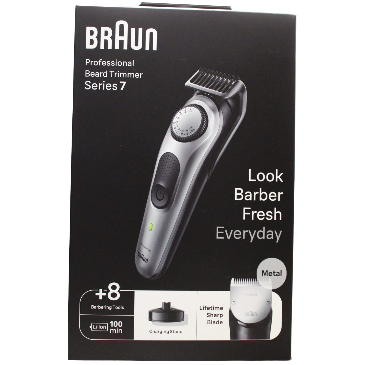 BRAUN BEARD TRIMMER SERIES 7 BT7420 (1X TRIMMER, 3X COMBS, 1X CARTRIDGE, 1X BEARD STENCIL, 1X POUCH, 1X CLEANING BRUSH & 1X CHARGE STAND) (UK PLUG)