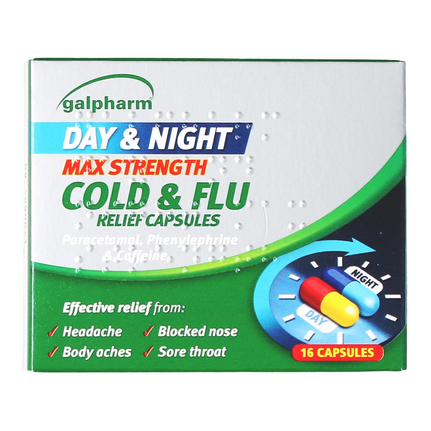 GALPHARM COLD & FLU DAY & NIGHT MAX STRENGTH CAPSULES 16'S