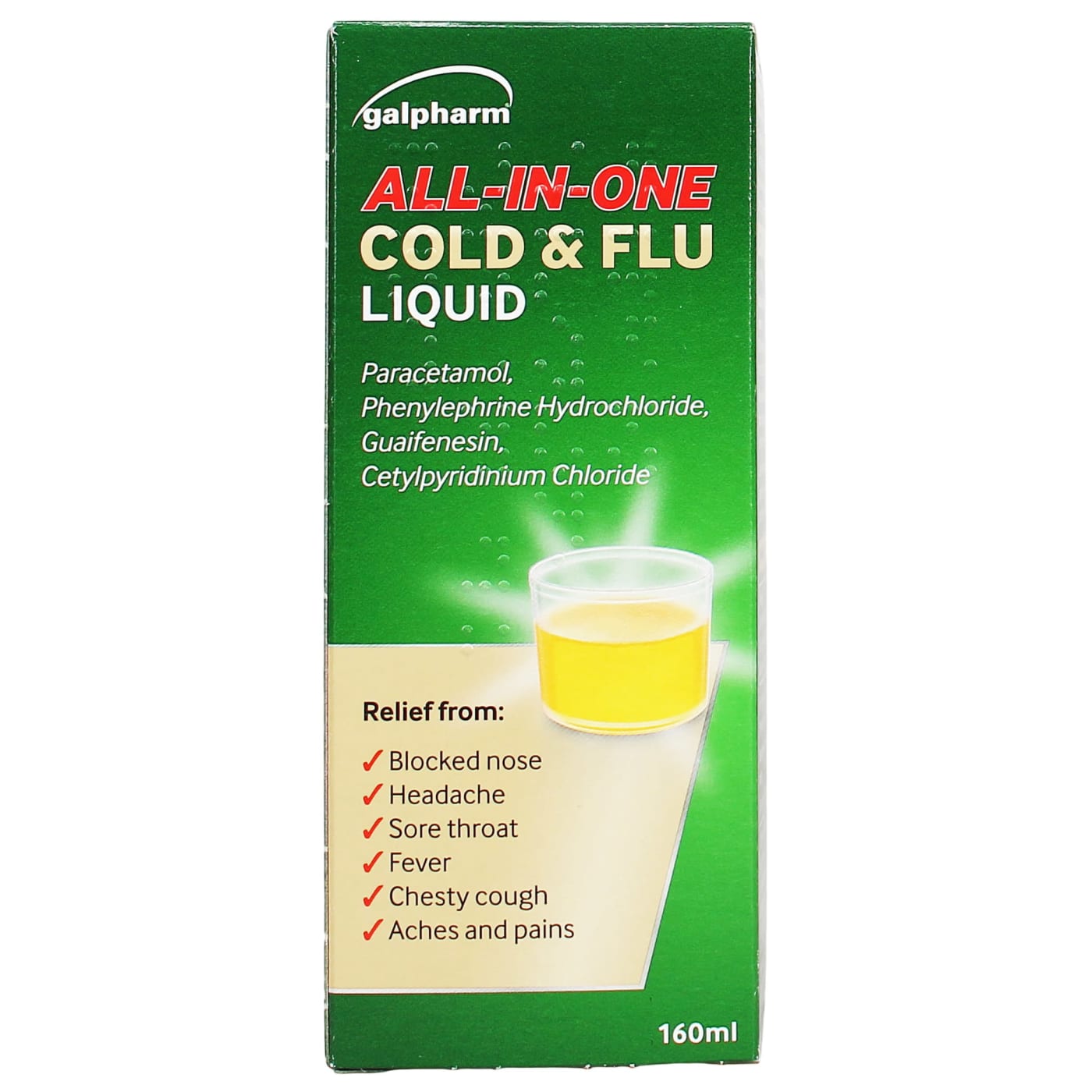 GALPHARM ALL IN ONE COLD & FLU LIQUID 160ML