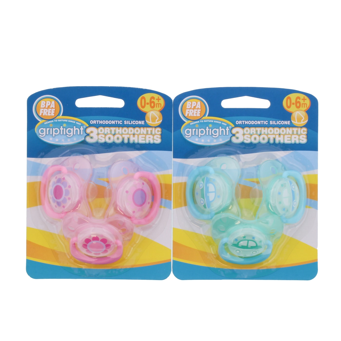 GRIPTIGHT ORTHODONTIC SOOTHERS 0-6M 3 PACK ASSORTED COLOURS