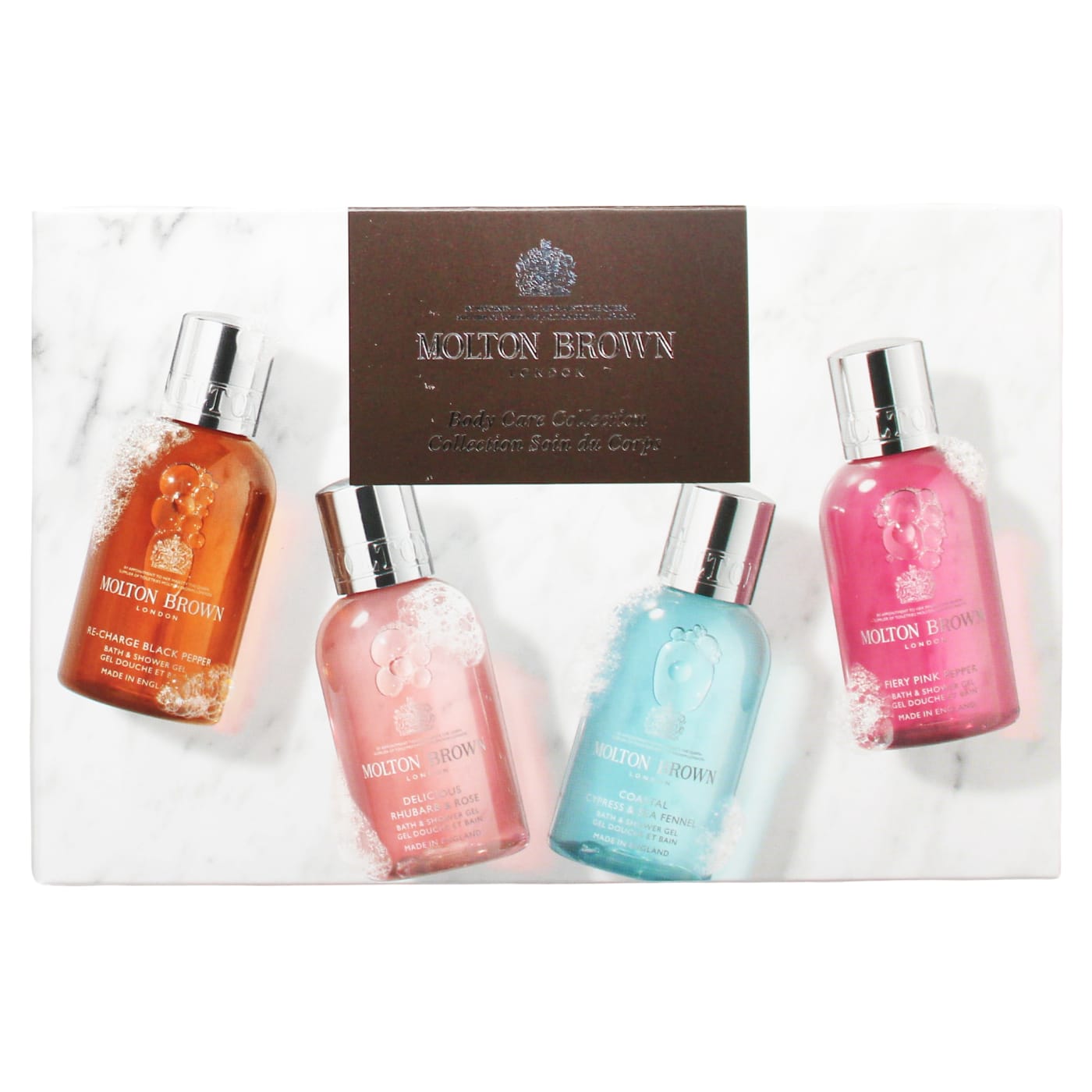 MOLTON BROWN BODY CARE COLLECTION 100ML BATH & SHOWER GEL 4PC SET 100ML (RE-CHARGE BLACK PEPPER, DELICIOUS RHUBARB & ROSE, COASTAL CYPRESS & SEA FENNEL & FIERY PINK PEPPER)