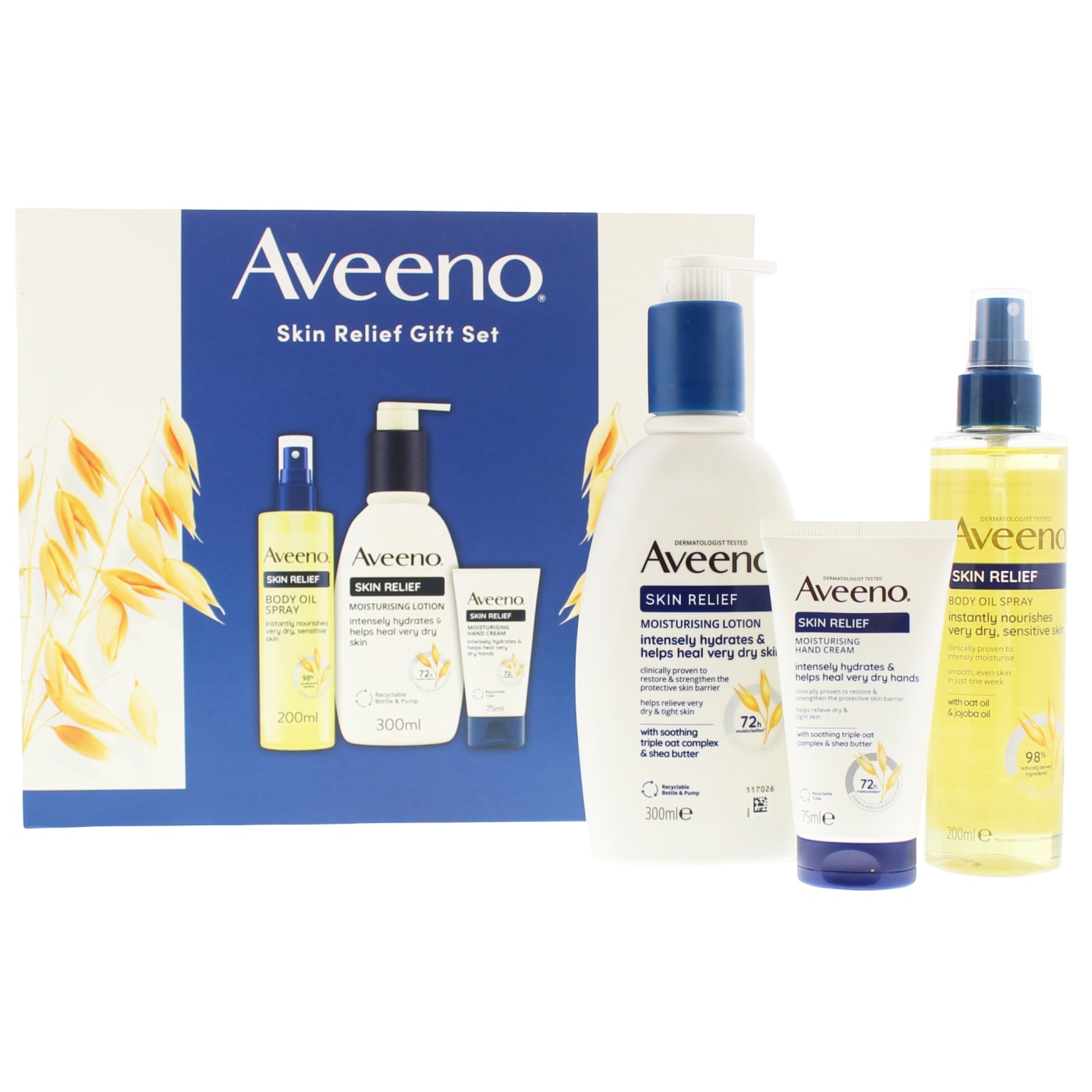 AVEENO SKIN RELIEF GIFT SET 3PC ( MOISTURISING LOTION, 200ML BODY OIL SPRAY, 75ML HAND CREAM) 300ML