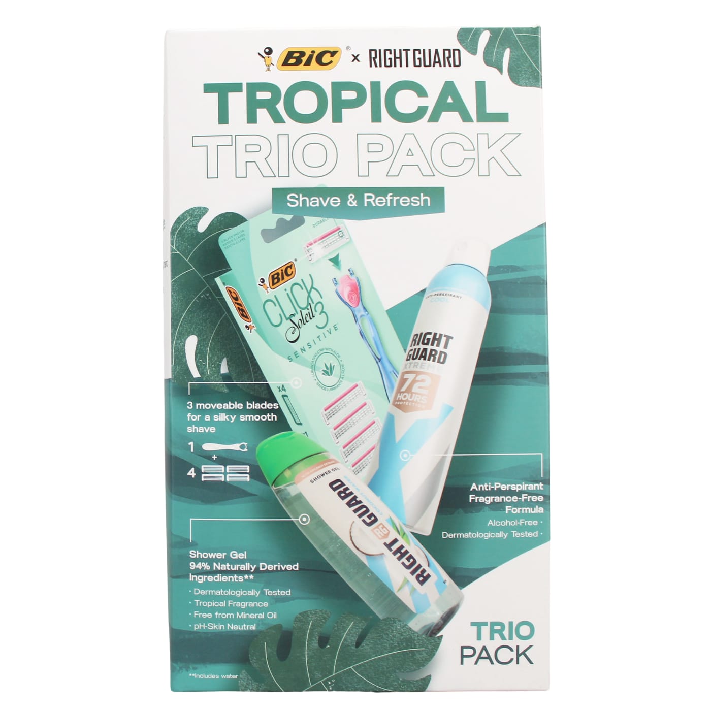 BIC & RIGHT GUARD SET TROPICAL 6PC ( ANTI PERSPIRANT SPRAY, 250ML SHOWER GEL & 4UP RAZOR) 250ML