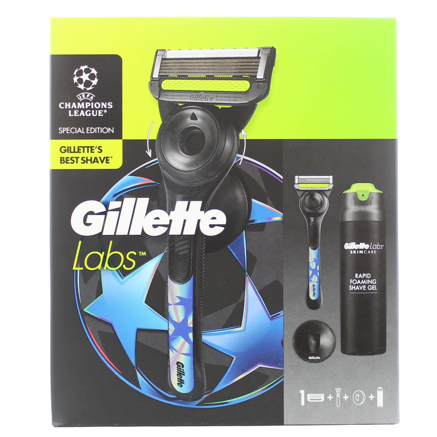 GILLETTE LABS CHAMPIONS LEAGUE GIFT SET 3PC (RAZOR 1UP, SHAVING GEL, STAND) 198ML